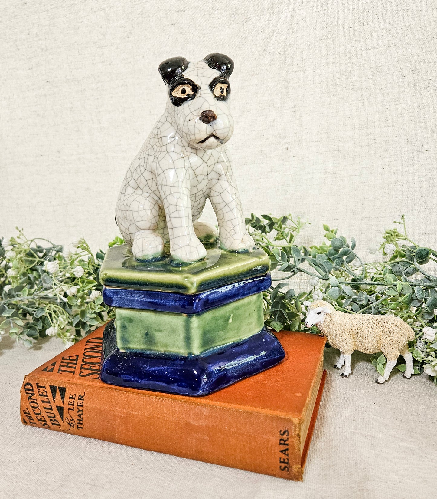 Vintage Sitting Terrier Dog Hand Painted Stoneware Trinket Box