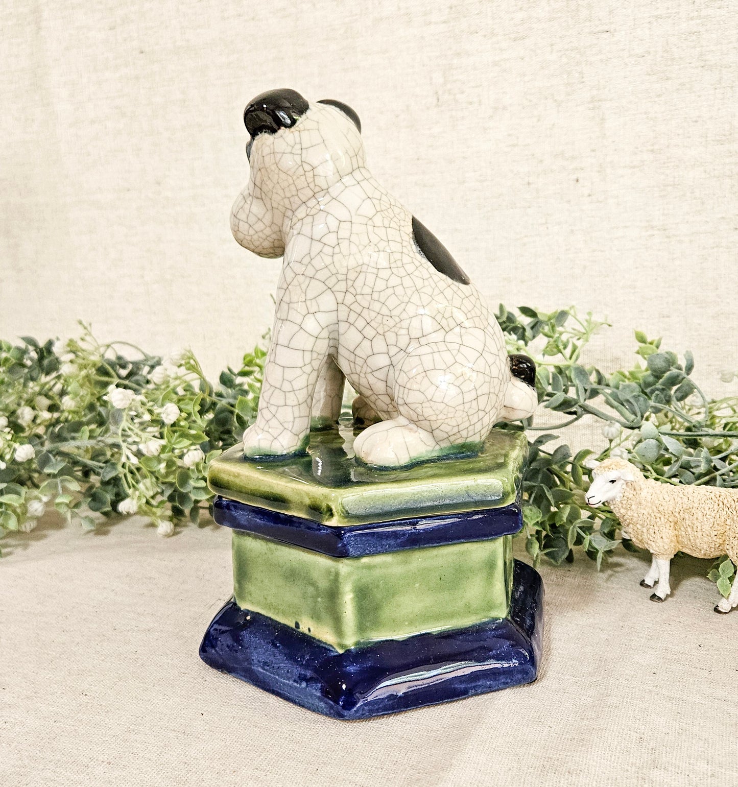 Vintage Sitting Terrier Dog Hand Painted Stoneware Trinket Box