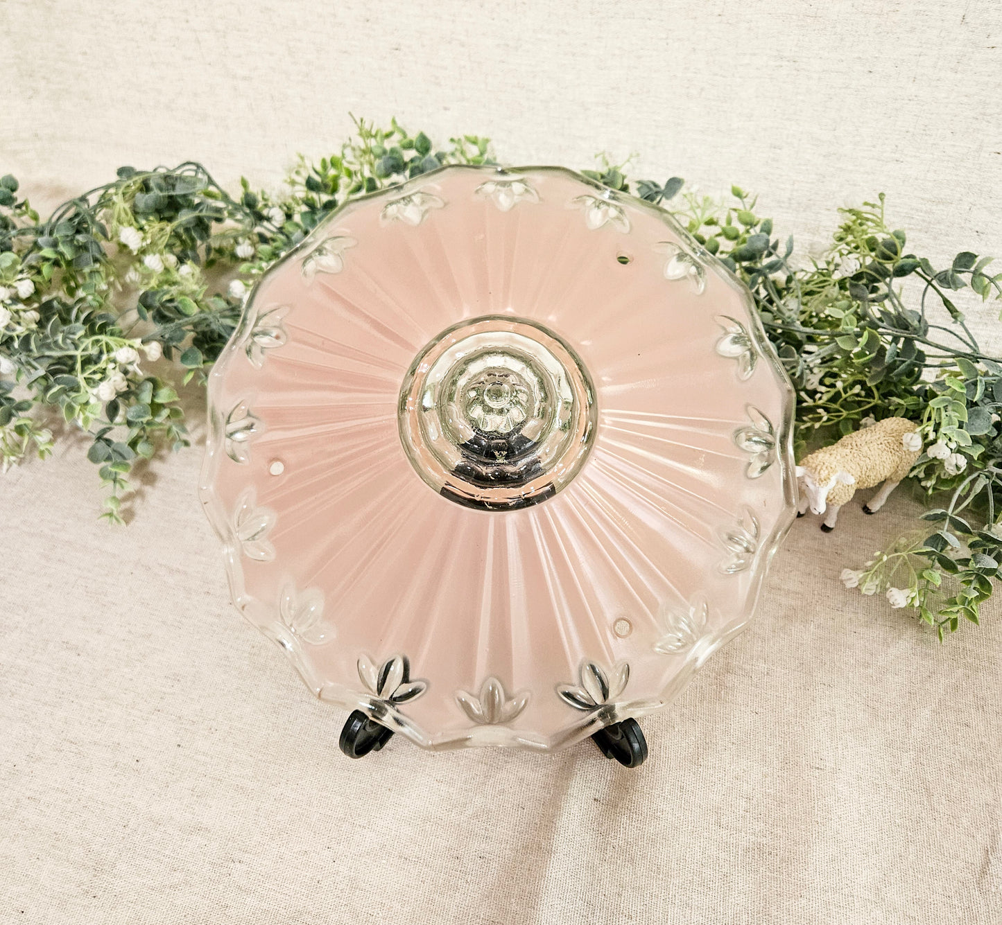 Vintage Art Deco Pink and Clear Glass 3 Chain Ceiling Lamp Shade Fixture