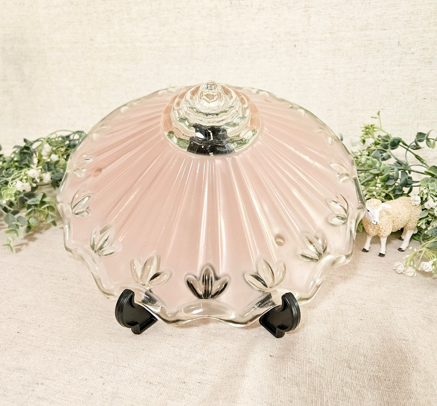 Vintage Art Deco Pink and Clear Glass 3 Chain Ceiling Lamp Shade Fixture