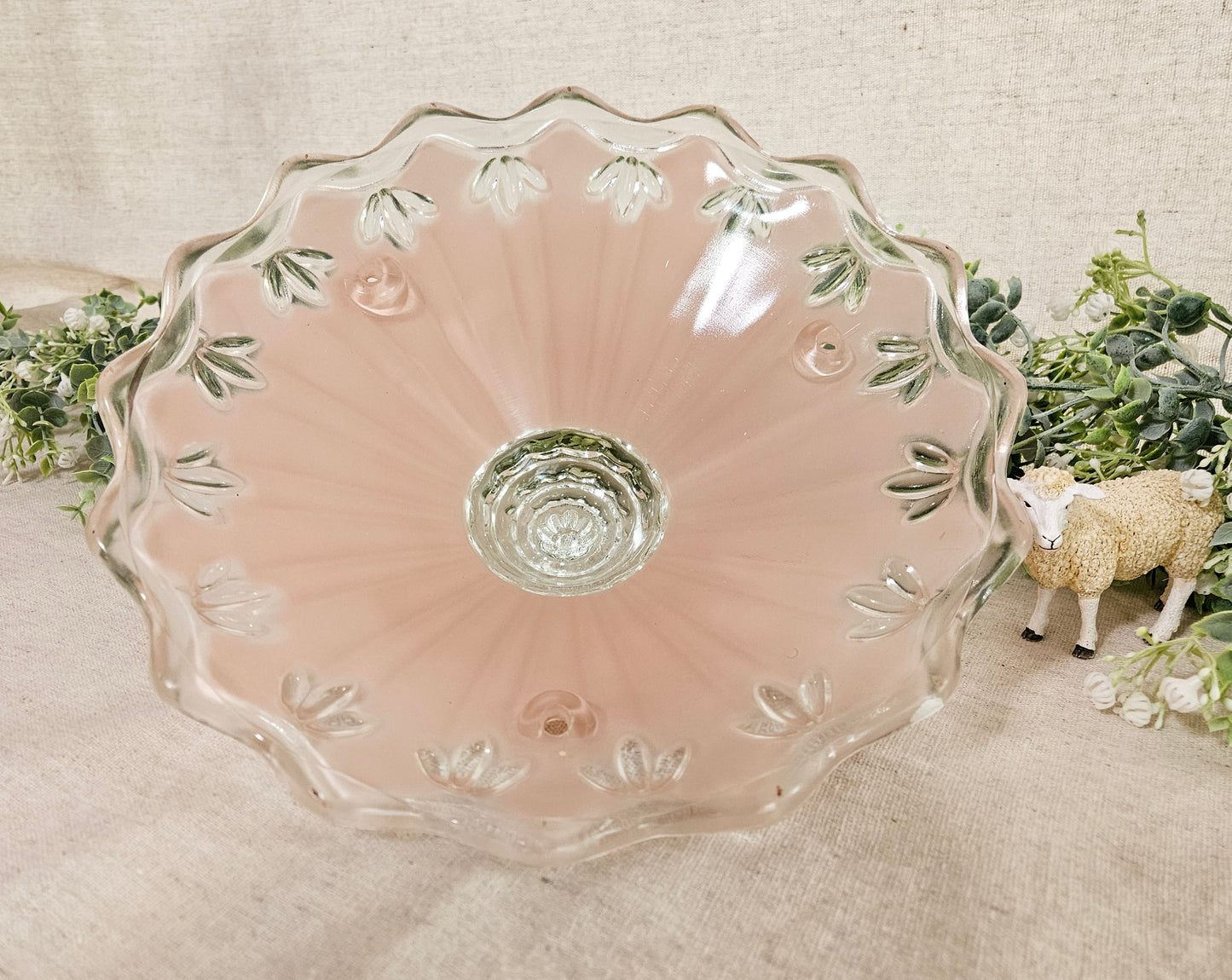 Vintage Art Deco Pink and Clear Glass 3 Chain Ceiling Lamp Shade Fixture