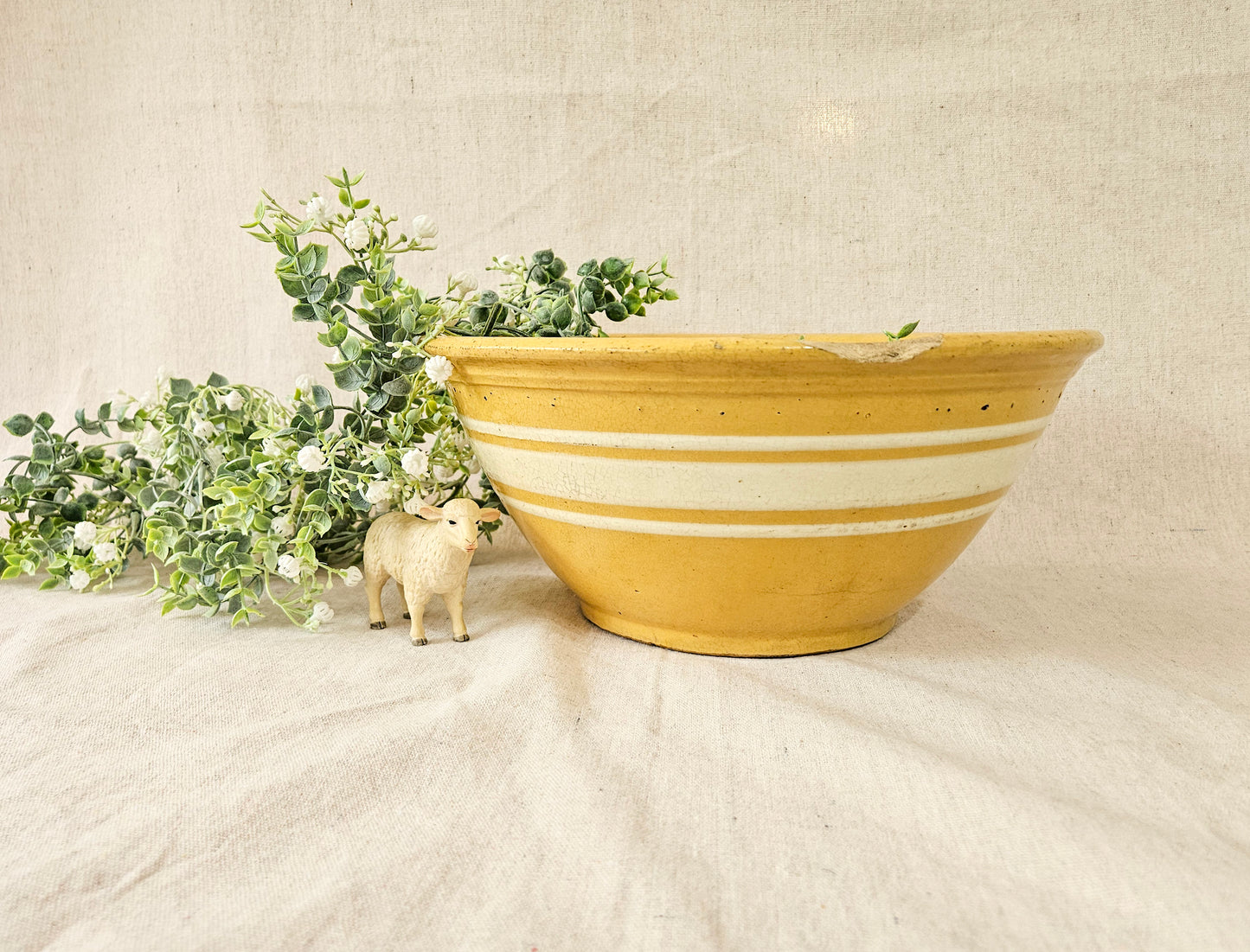 Antique Large Yellow Ware Banded Mixing Bowl - 1920's