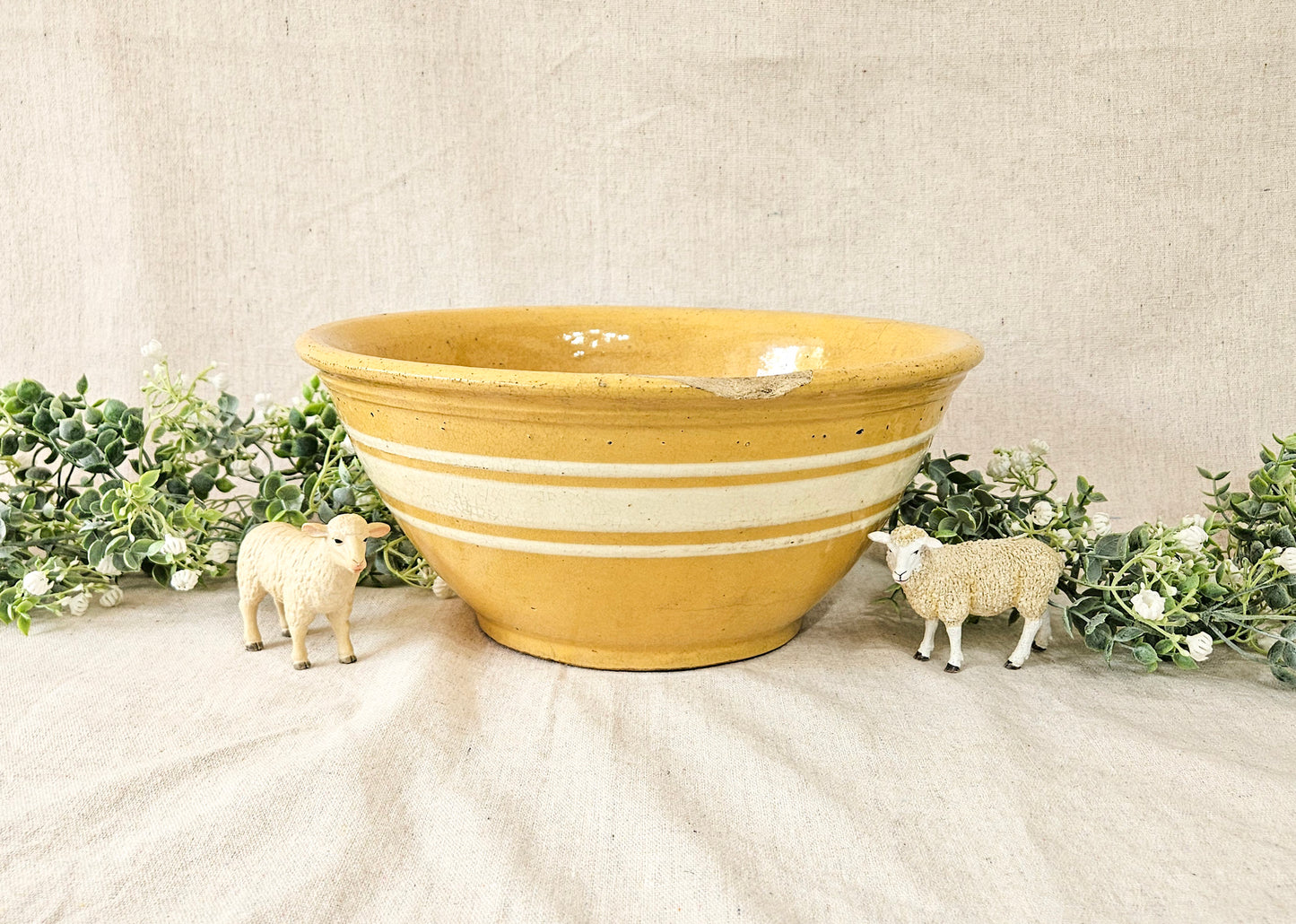 Antique Large Yellow Ware Banded Mixing Bowl - 1920's
