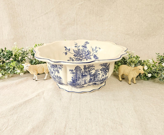 Vintage Blue Transferware French Countryside Scalloped Edge Decorative Pedestal Bowl