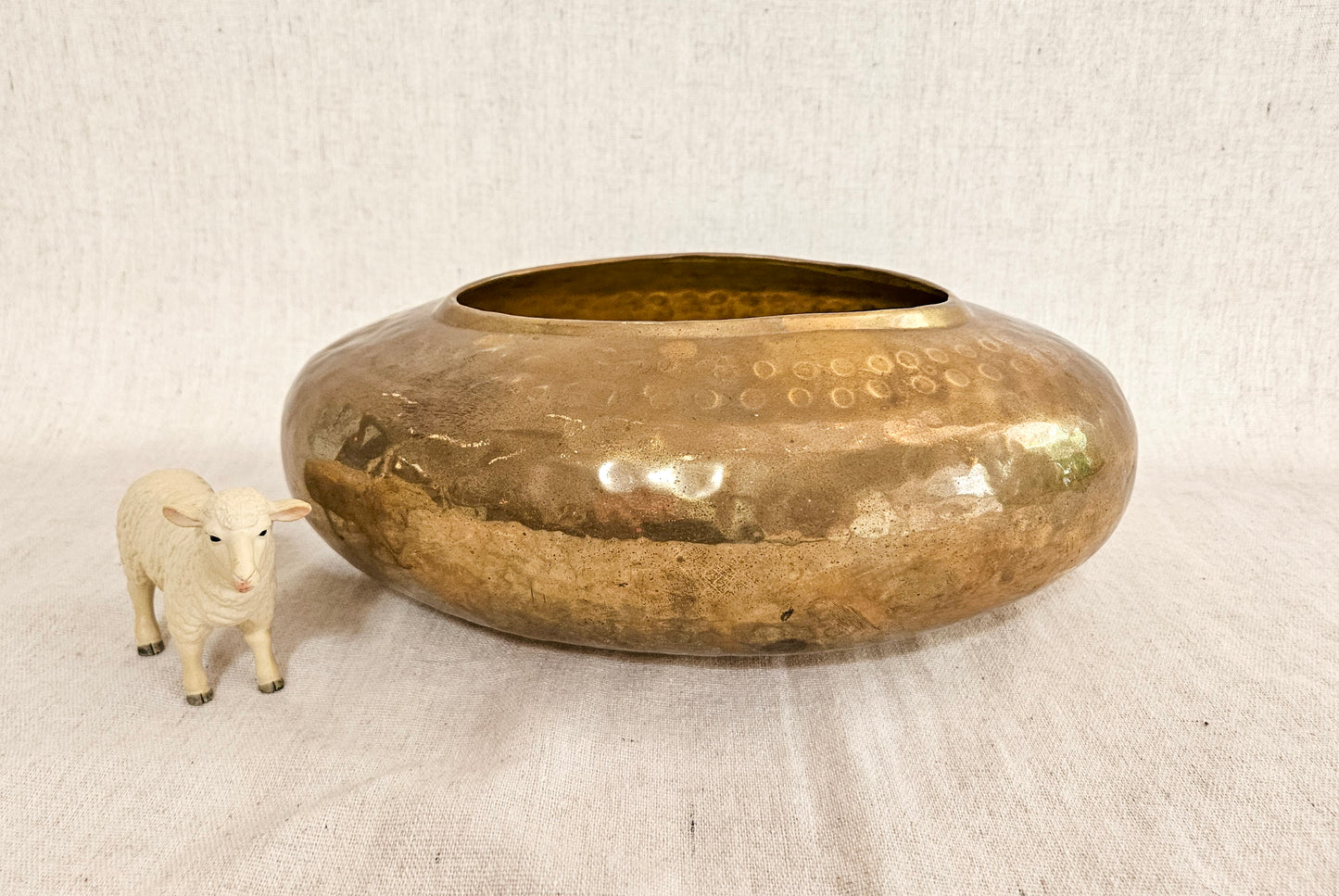 Vintage Round Hammered Brass Planter or Vase