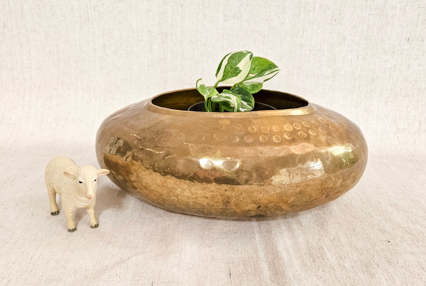 Vintage Round Hammered Brass Planter or Vase