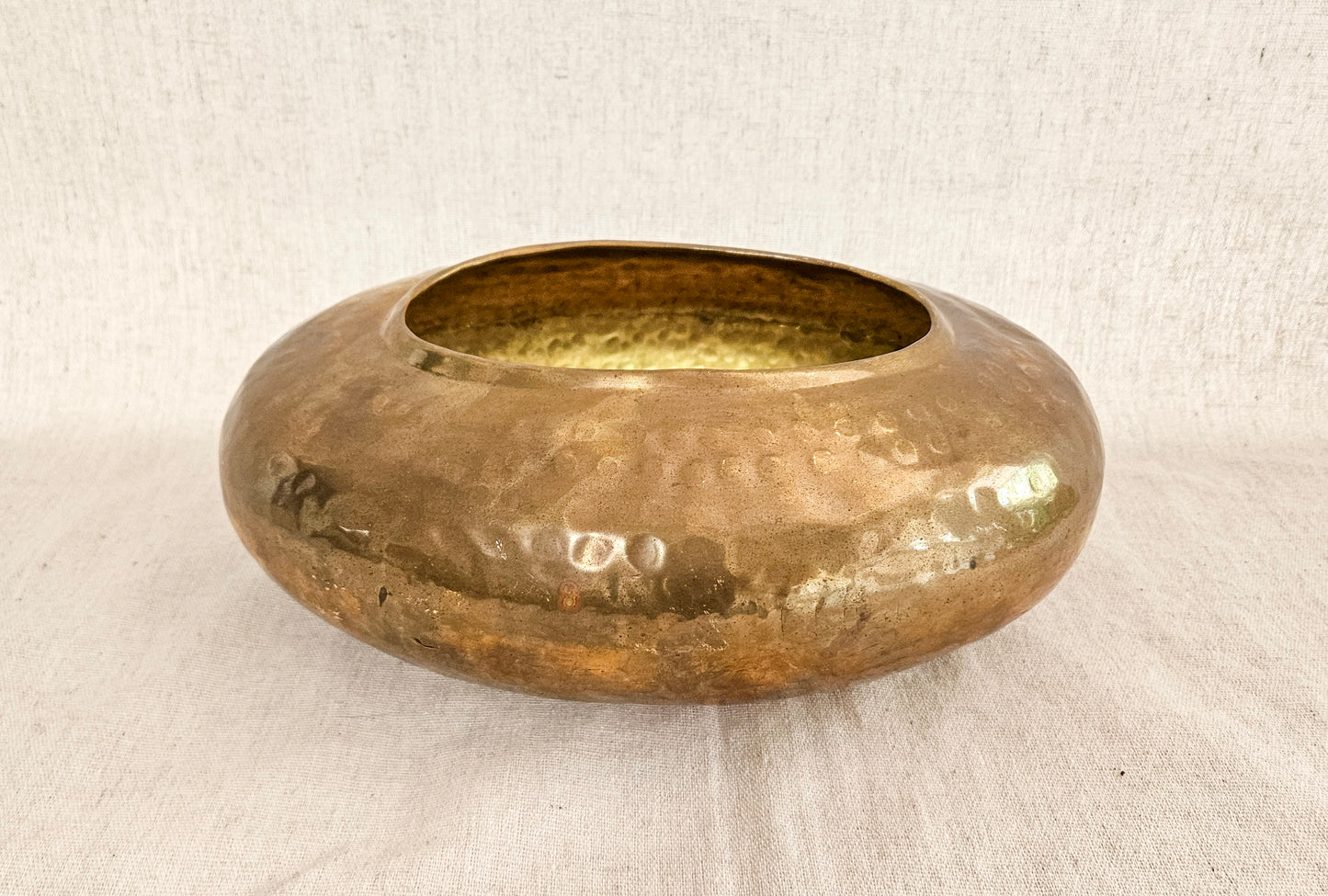 Vintage Round Hammered Brass Planter or Vase