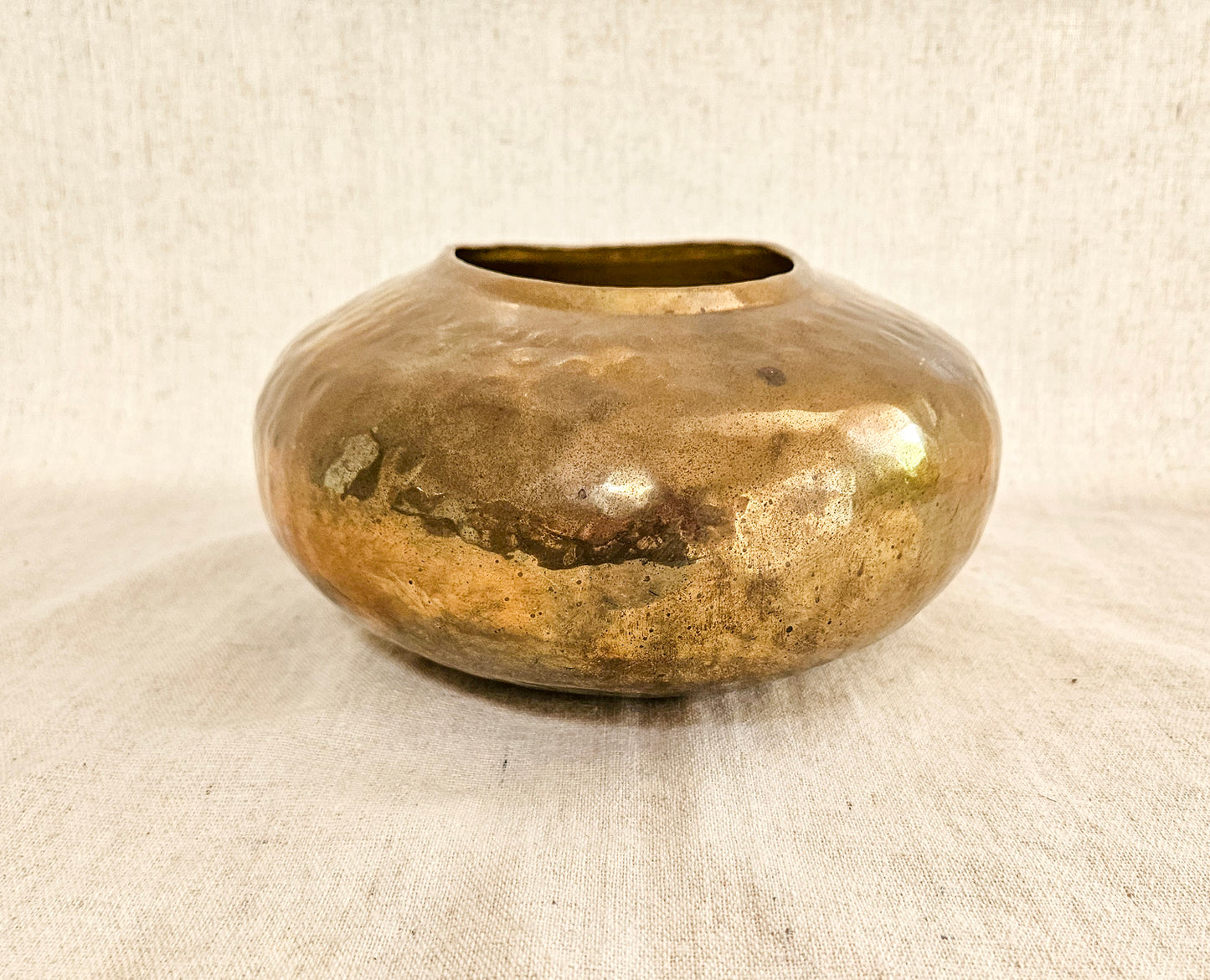 Vintage Round Hammered Brass Planter or Vase