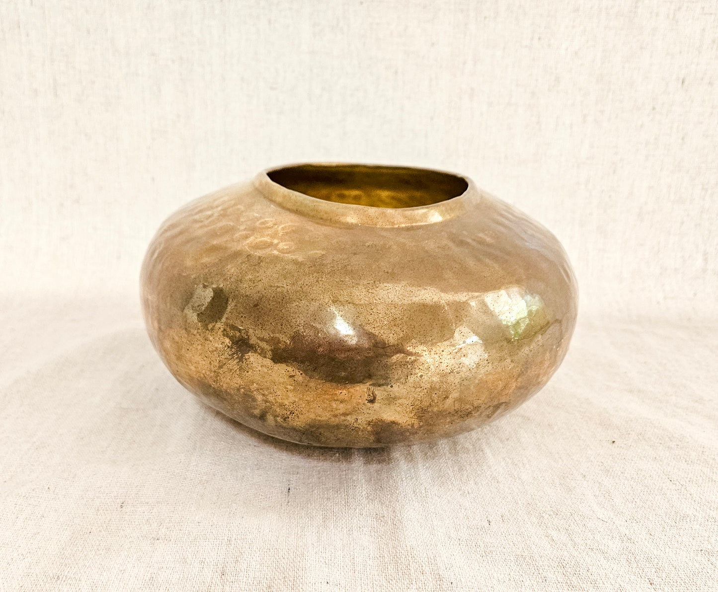 Vintage Round Hammered Brass Planter or Vase