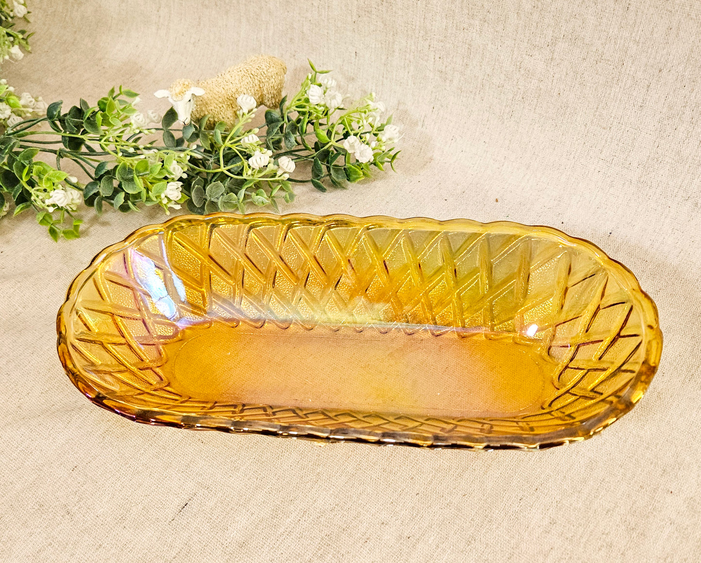 1970's Harvest Gold Carnival Indiana Glass Pretzel Pattern Celery Dish