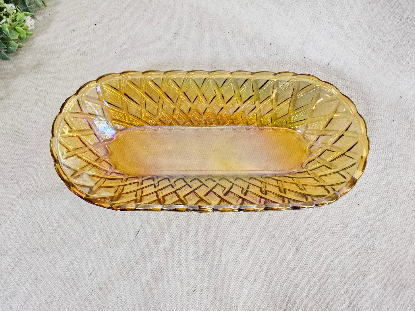 1970's Harvest Gold Carnival Indiana Glass Pretzel Pattern Celery Dish