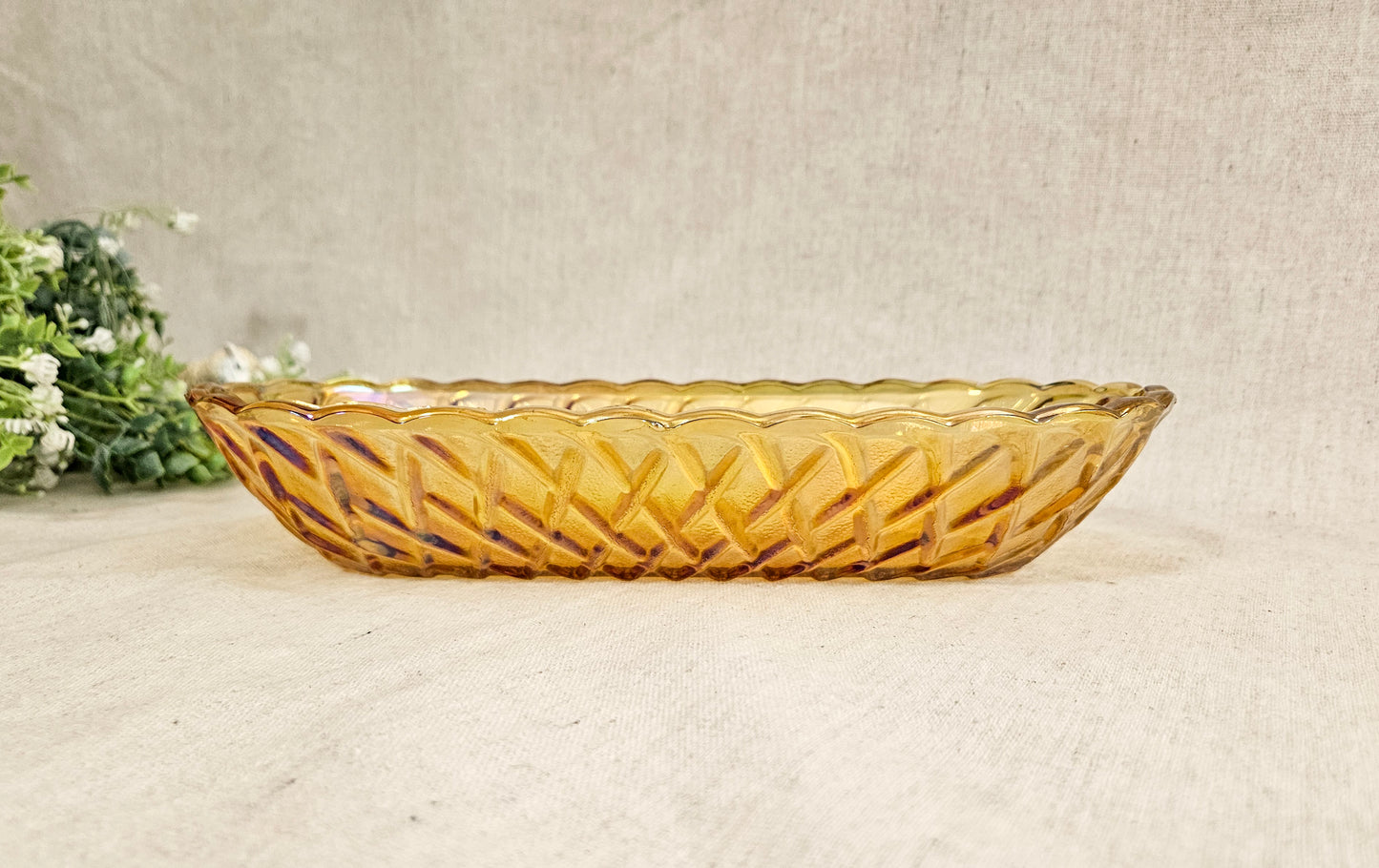 1970's Harvest Gold Carnival Indiana Glass Pretzel Pattern Celery Dish