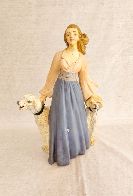 Art Deco Chalkware Statue of a Woman with 2 Large Dogs