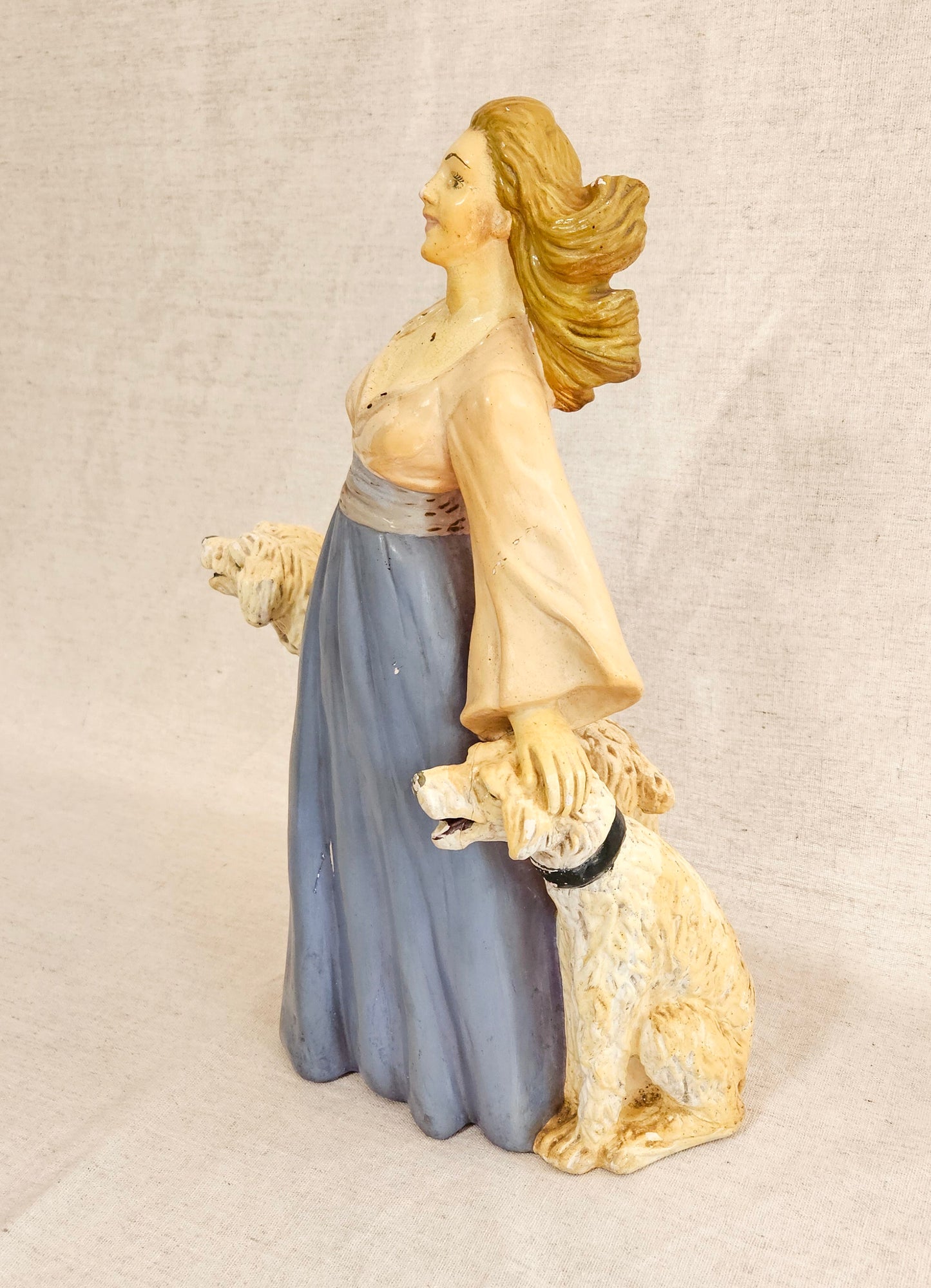 Art Deco Chalkware Statue of a Woman with 2 Large Dogs
