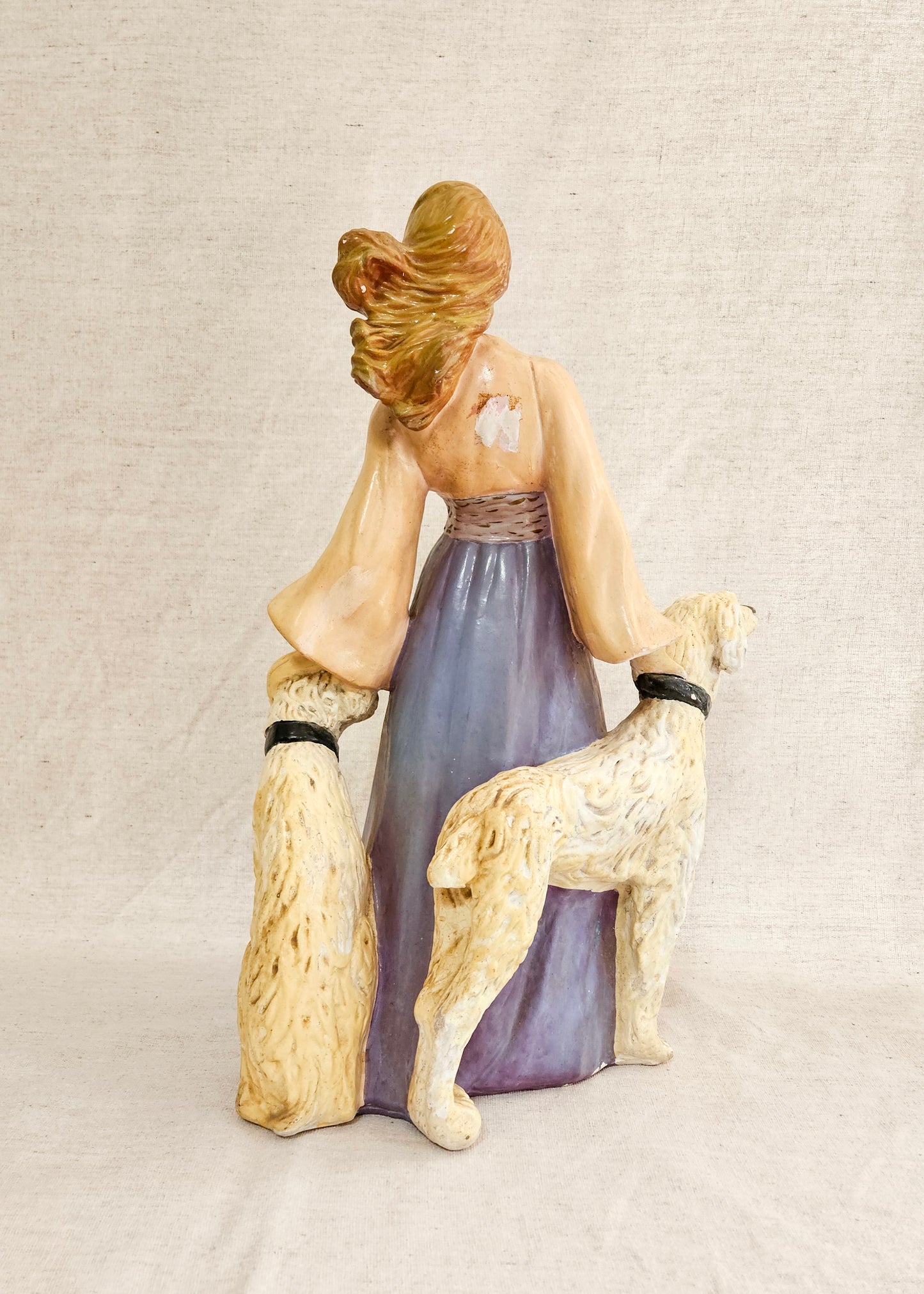 Art Deco Chalkware Statue of a Woman with 2 Large Dogs