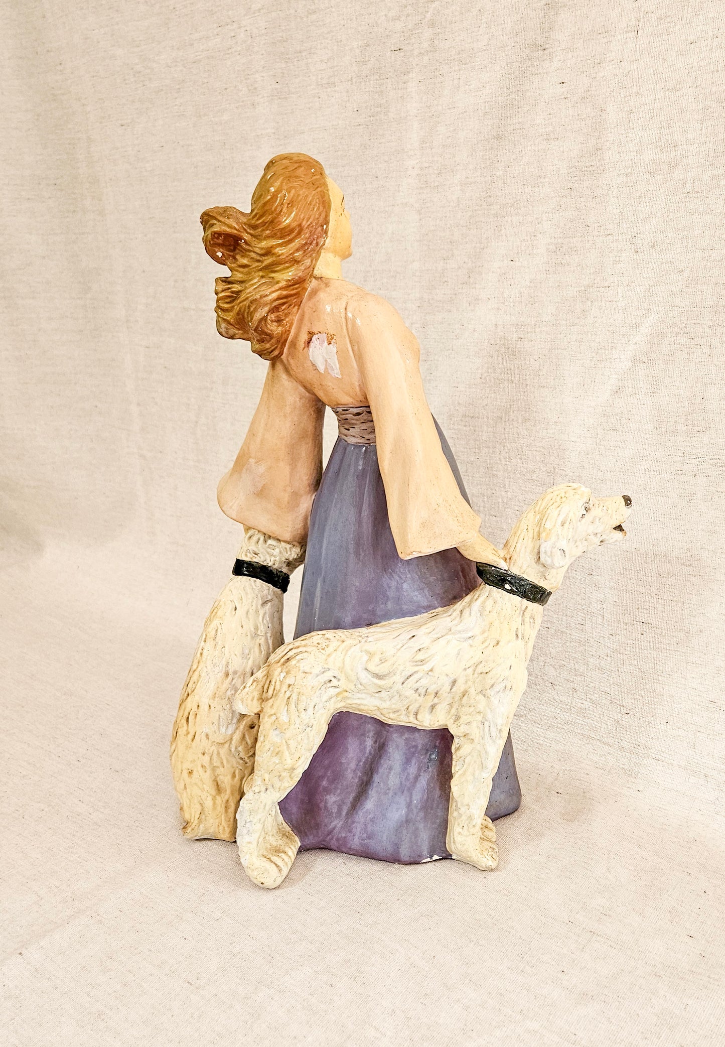 Art Deco Chalkware Statue of a Woman with 2 Large Dogs