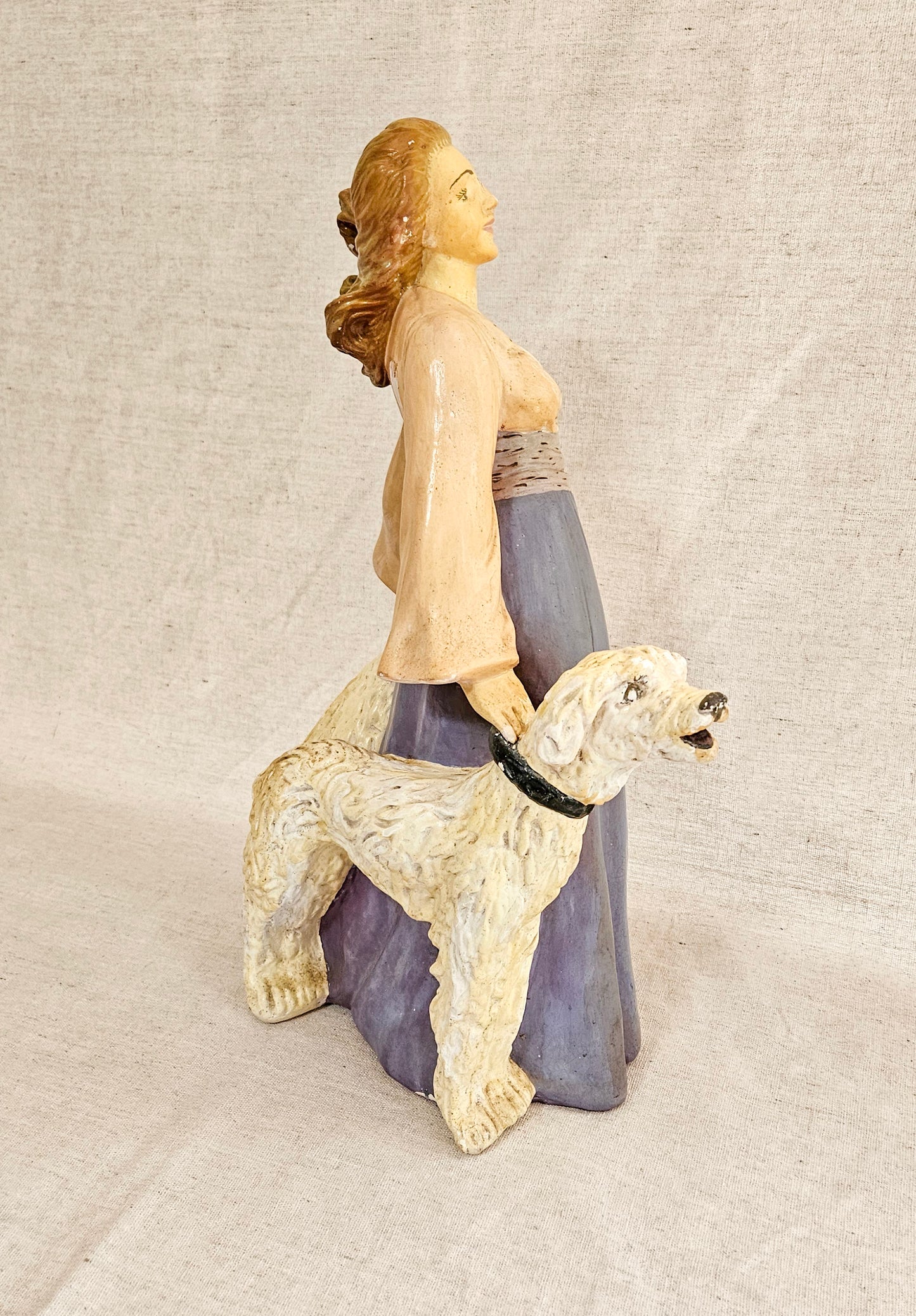 Art Deco Chalkware Statue of a Woman with 2 Large Dogs