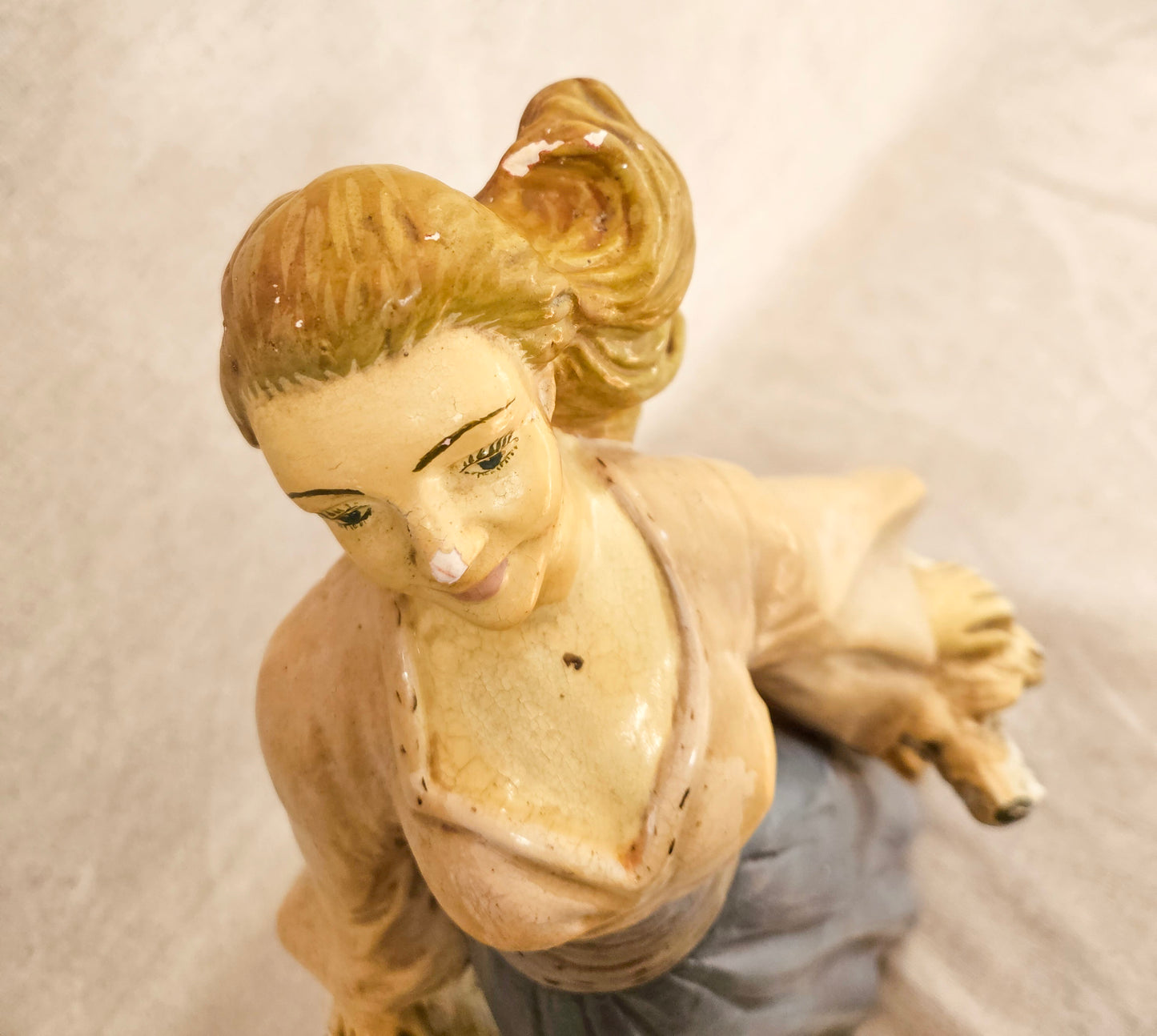 Art Deco Chalkware Statue of a Woman with 2 Large Dogs