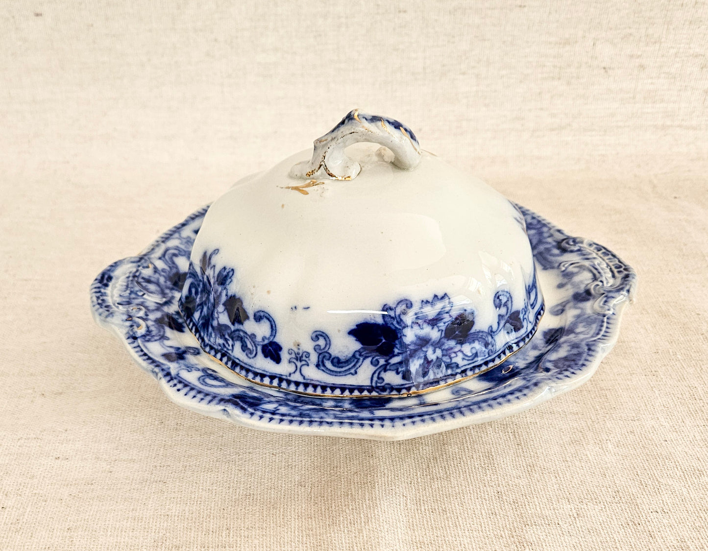 19th Century Victorian Delft Flow Blue Butter Dish with Drain Insert