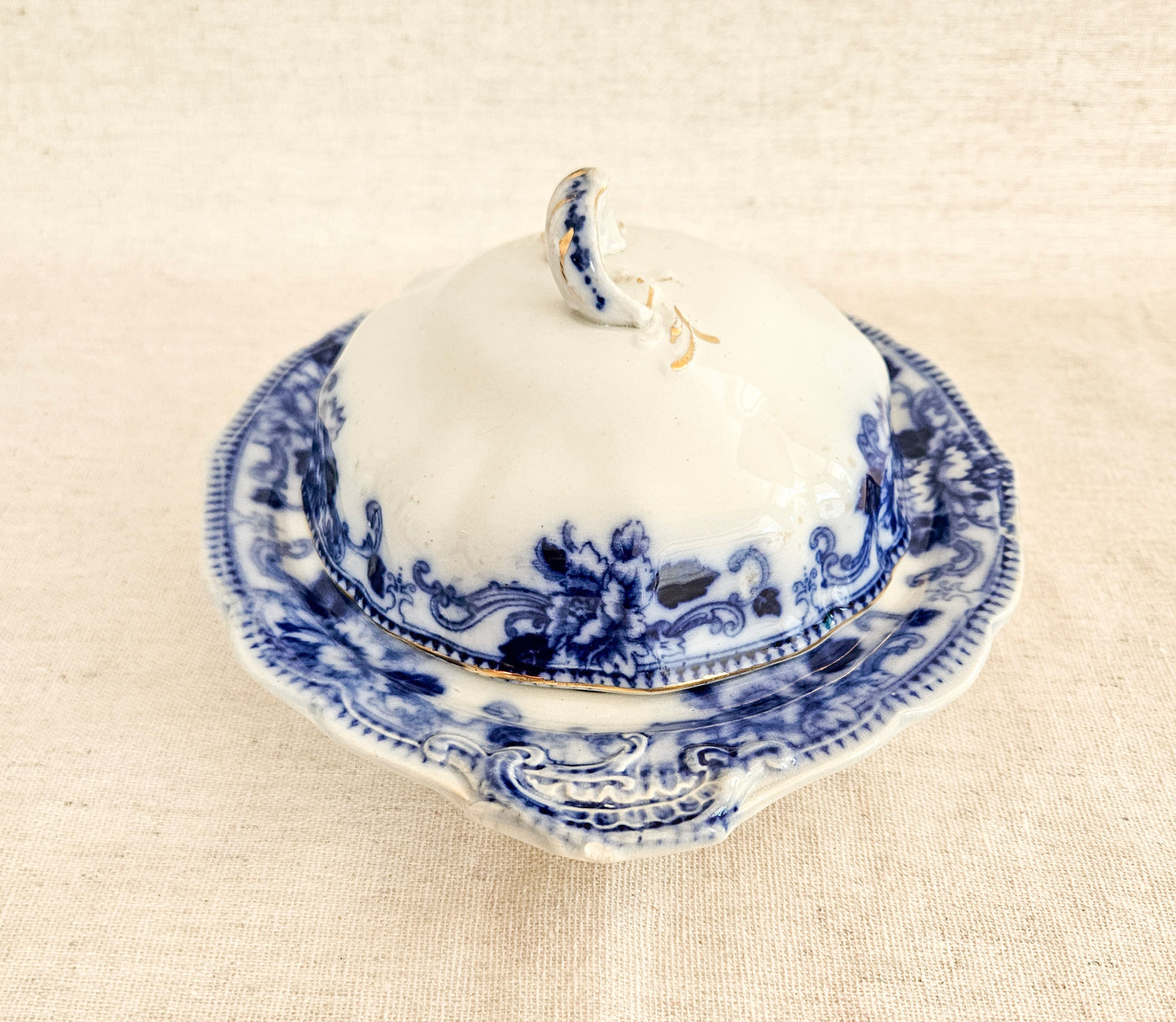 19th Century Victorian Delft Flow Blue Butter Dish with Drain Insert