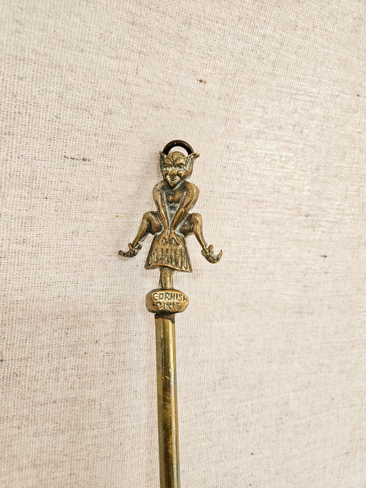 Vintage Brass Fire Poker Fireplace Tool with Figural Pixie and Hanging Ring