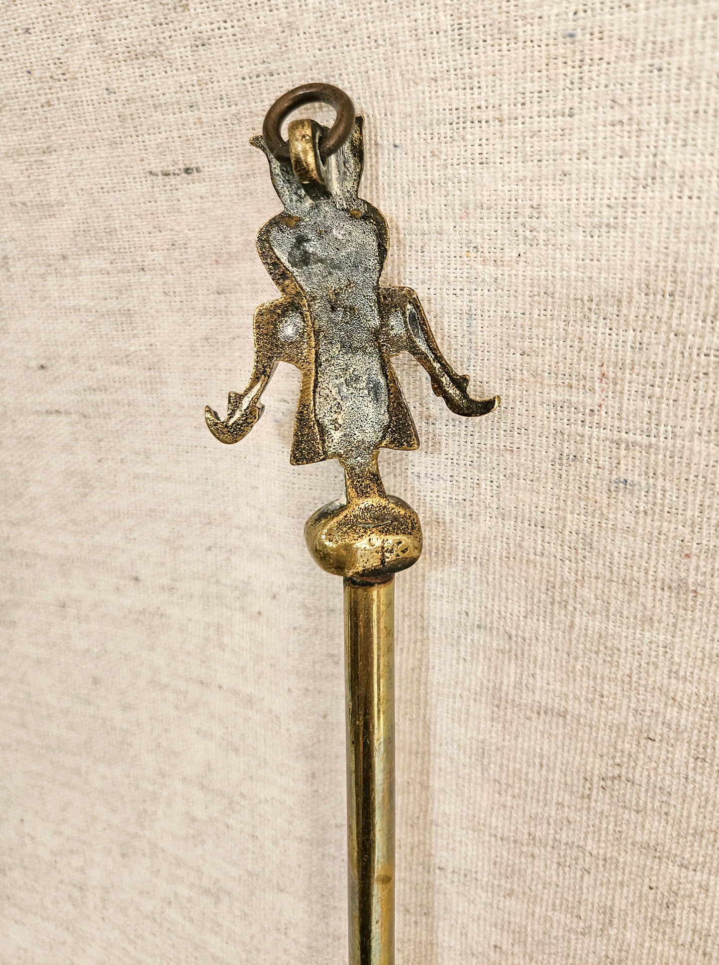 Vintage Brass Fire Poker Fireplace Tool with Figural Pixie and Hanging Ring