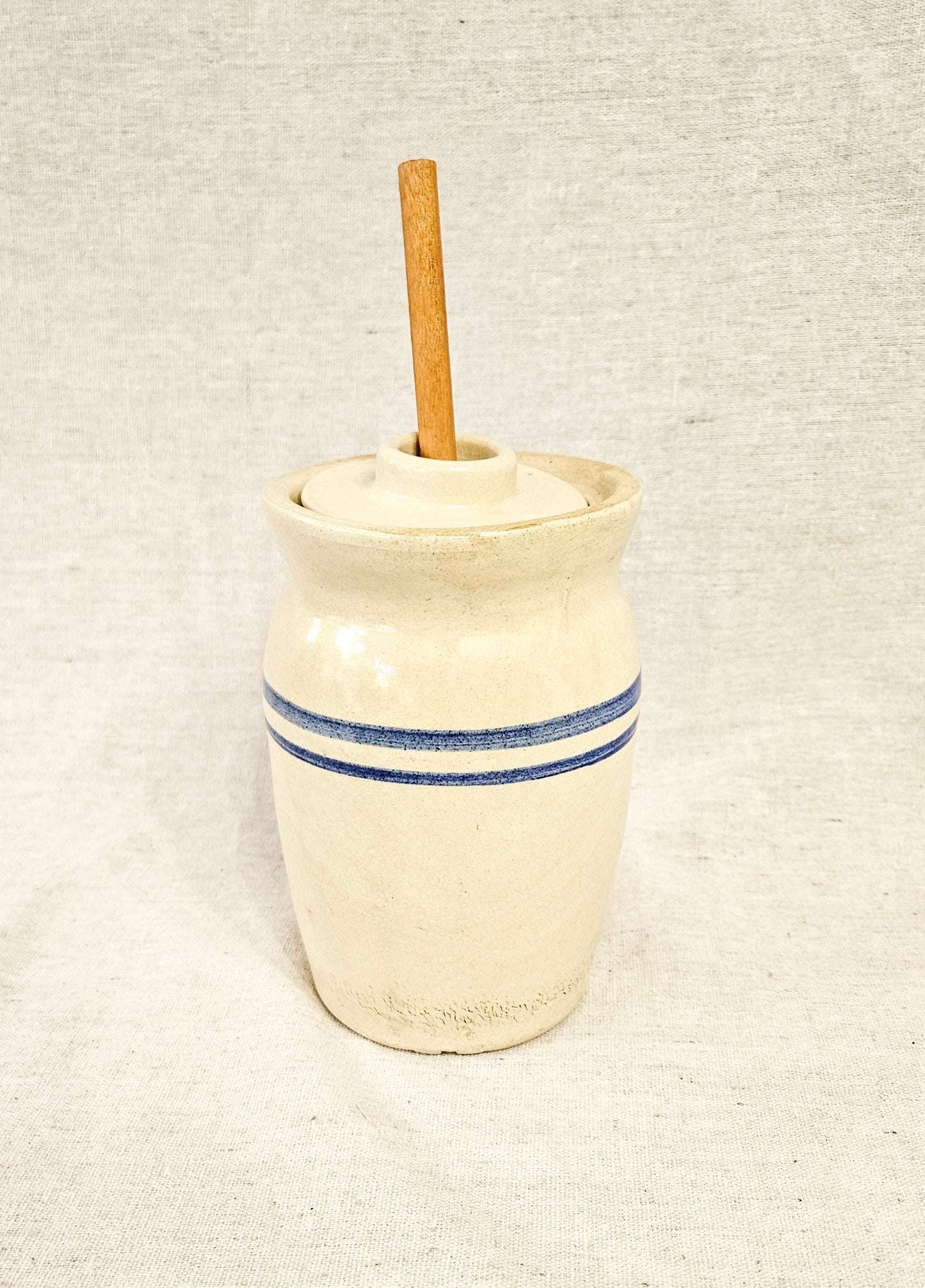 Primitive Blue Banded Butter Churn Stoneware Crock Jar