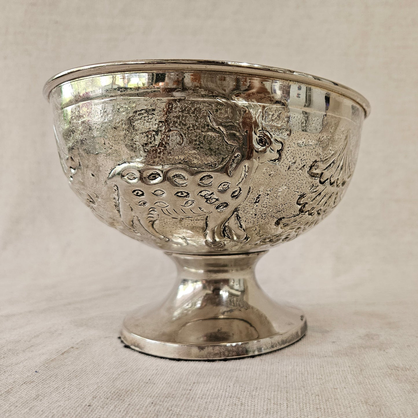 Vintage Silver Plate Repousse Christmas Pedestal Bowl Dish Reindeer Christmas Tree