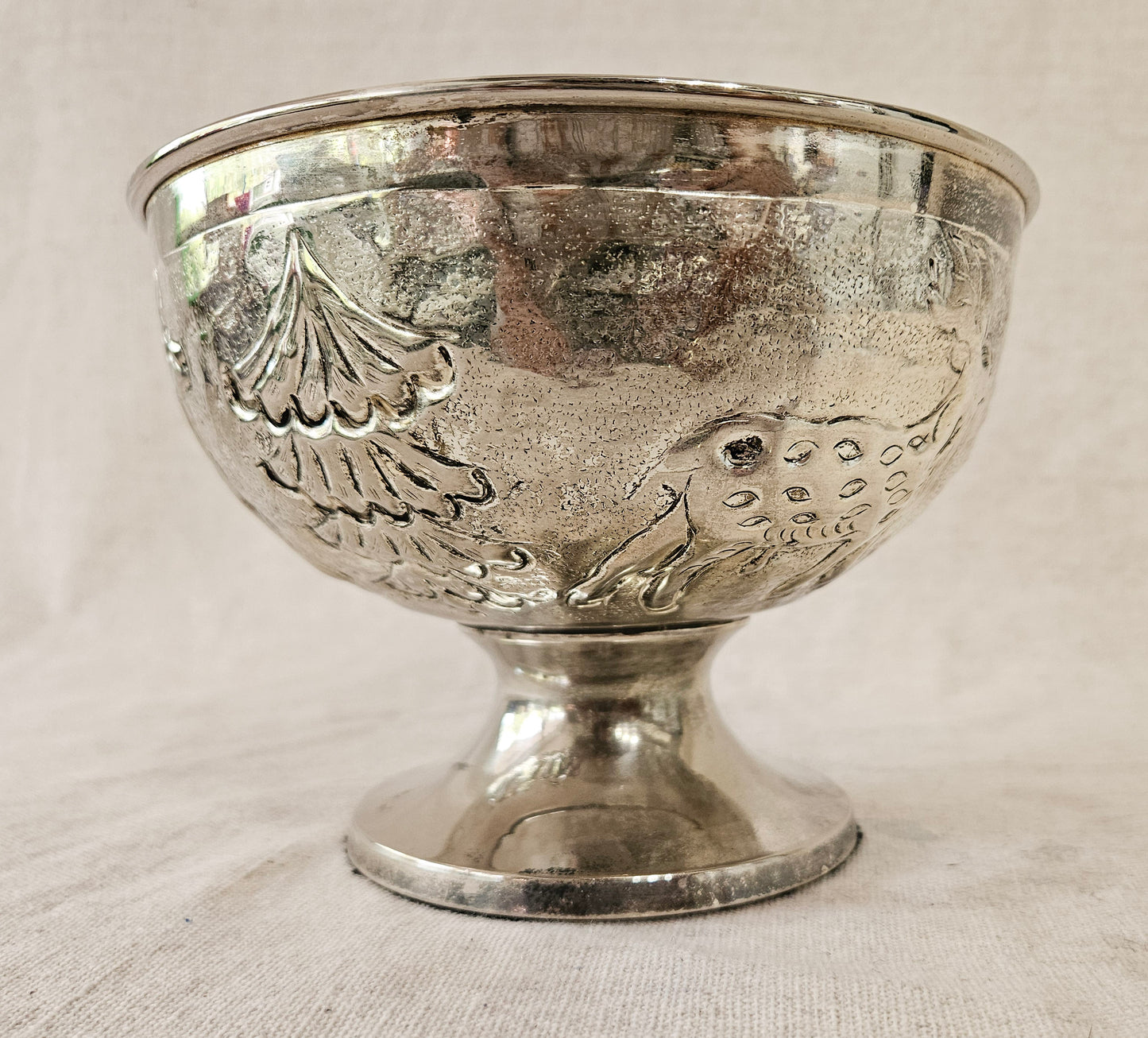 Vintage Silver Plate Repousse Christmas Pedestal Bowl Dish Reindeer Christmas Tree