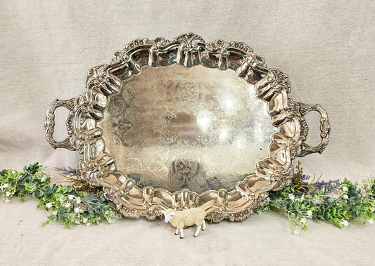 Large Ornate Oval Silverplate Serving Tray with Handles