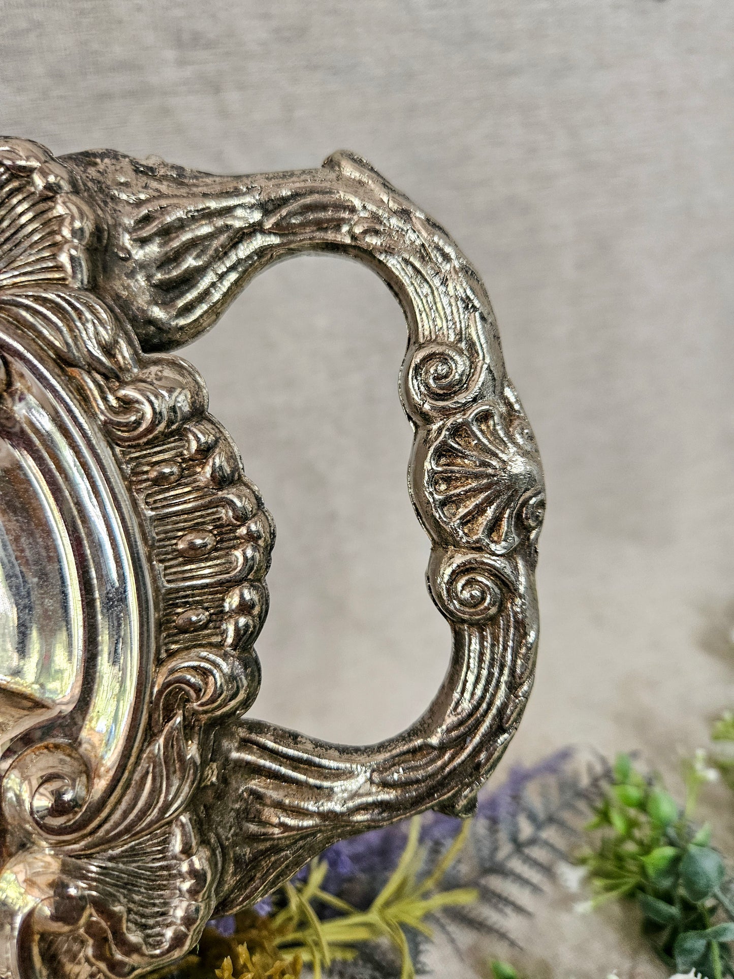 Large Ornate Oval Silverplate Serving Tray with Handles