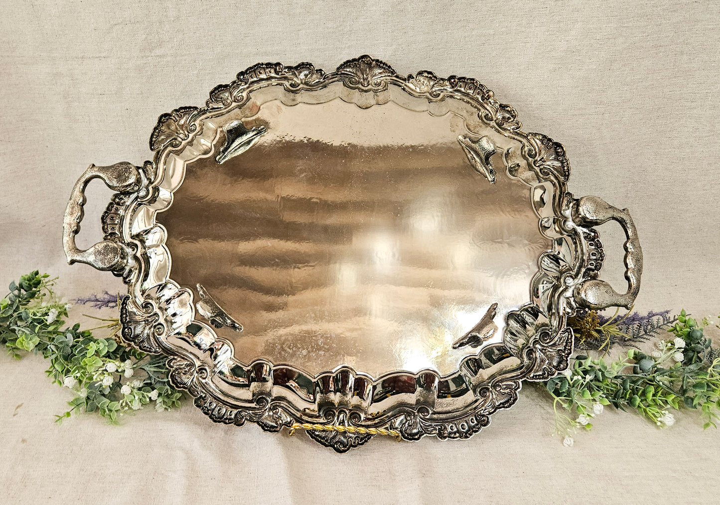 Large Ornate Oval Silverplate Serving Tray with Handles