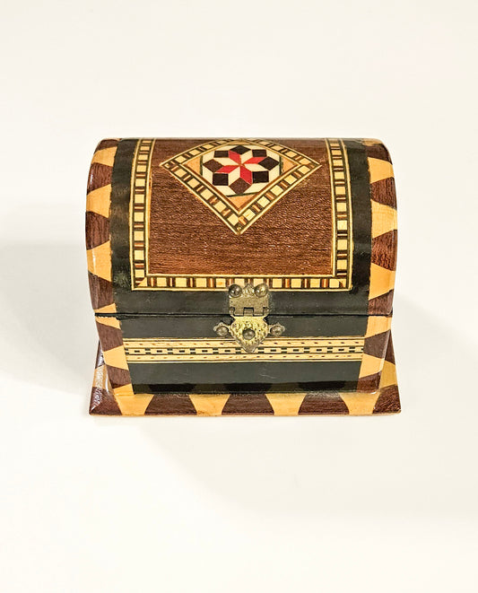 Vintage Handmade Wood Marquetry Small Treasure Chest Jewelry Box Red Velvet Inlay