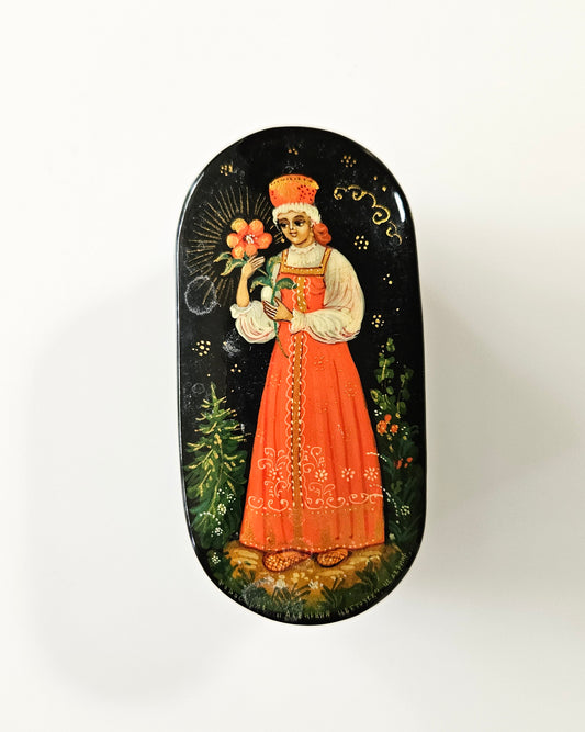 USSR Russian Fedoskino Hand Painted Black Lacquer Trinket Box, Alenky Flower