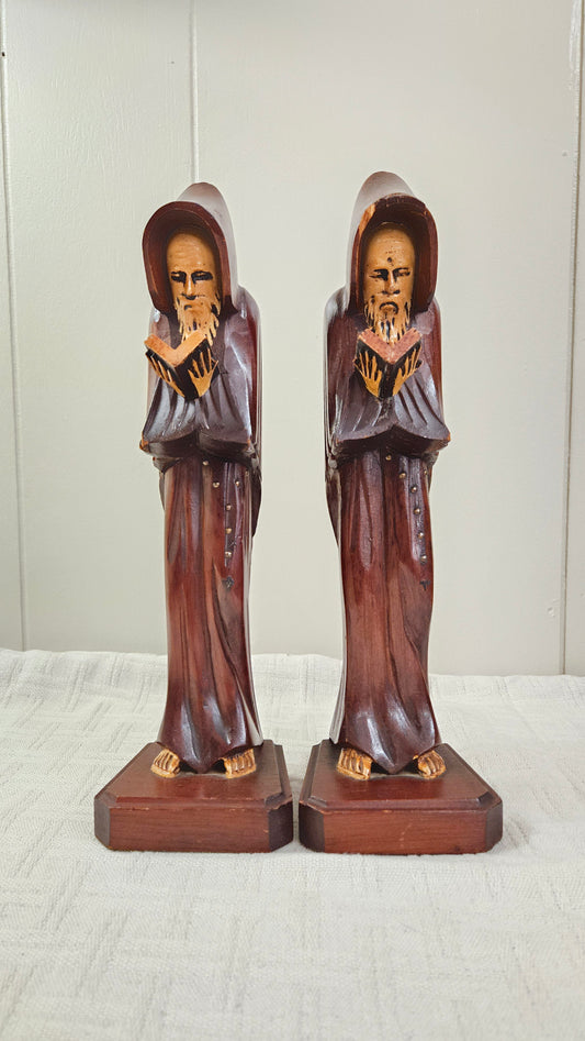 Religious Monk/Saint Hand carved Wooden Bookends  Library Decor