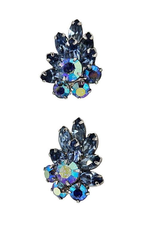Hattie Carnegie Signed Blue Rhinestone AB Clip On Earrings 1950's