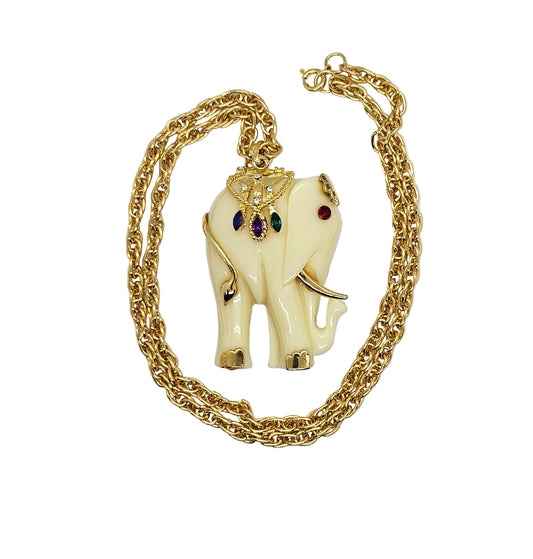 Vintage Acrylic Ivory Colored Jeweled Elephant Pendant/Brooch Necklace