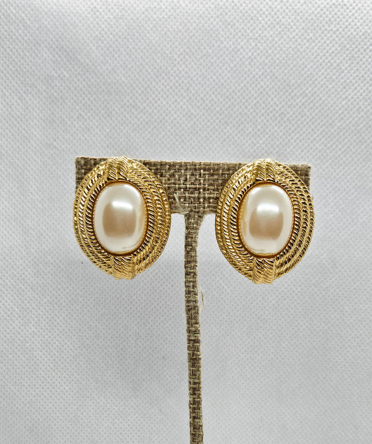 Vintage Givenchy Paris New York Gold Tone Faux Pearl Oval Clip-On Earrings