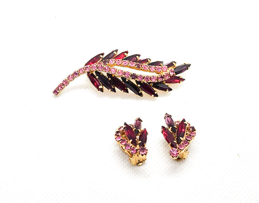 Vintage Pink Ruby Rhinestone Leaf Brooch & Earring Demi Parure