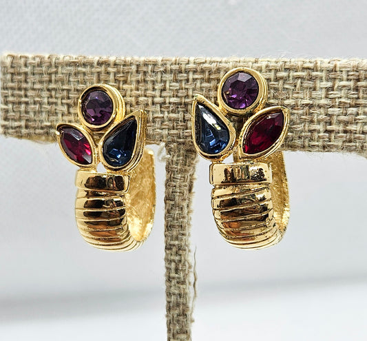 Givenchy New York Paris Gold-tone & Tricolor Rhinestone Hoop Clip-On Earrings