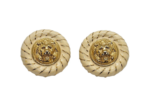 Vintage Enamel & Gold-tone Lion Head Chunky Clip On Earrings