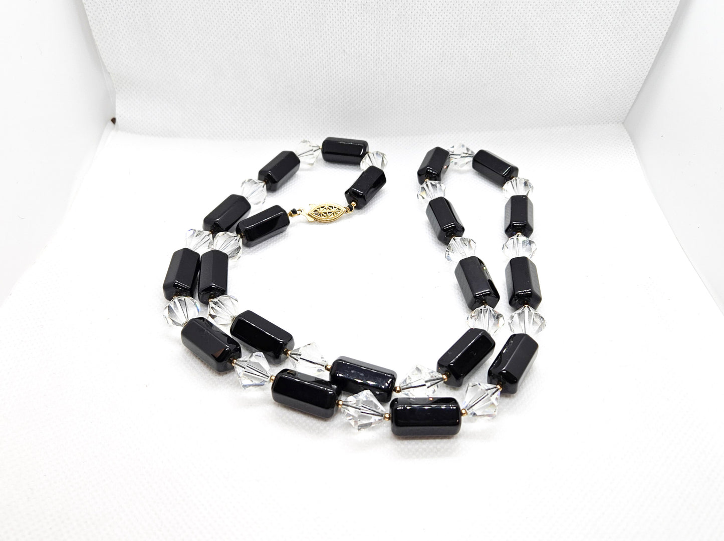 Vintage Black Quartz and Glass Bicone Beads Gold Filled Box Clasp Necklace