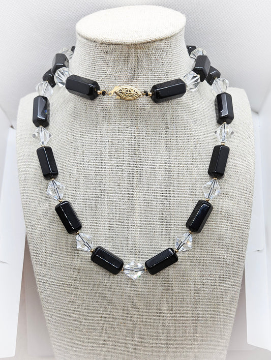 Vintage Black Quartz and Glass Bicone Beads Gold Filled Box Clasp Necklace