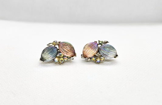 Lisner  Pink & Blue Iridescent AB rhinestones Clip-On Earrings