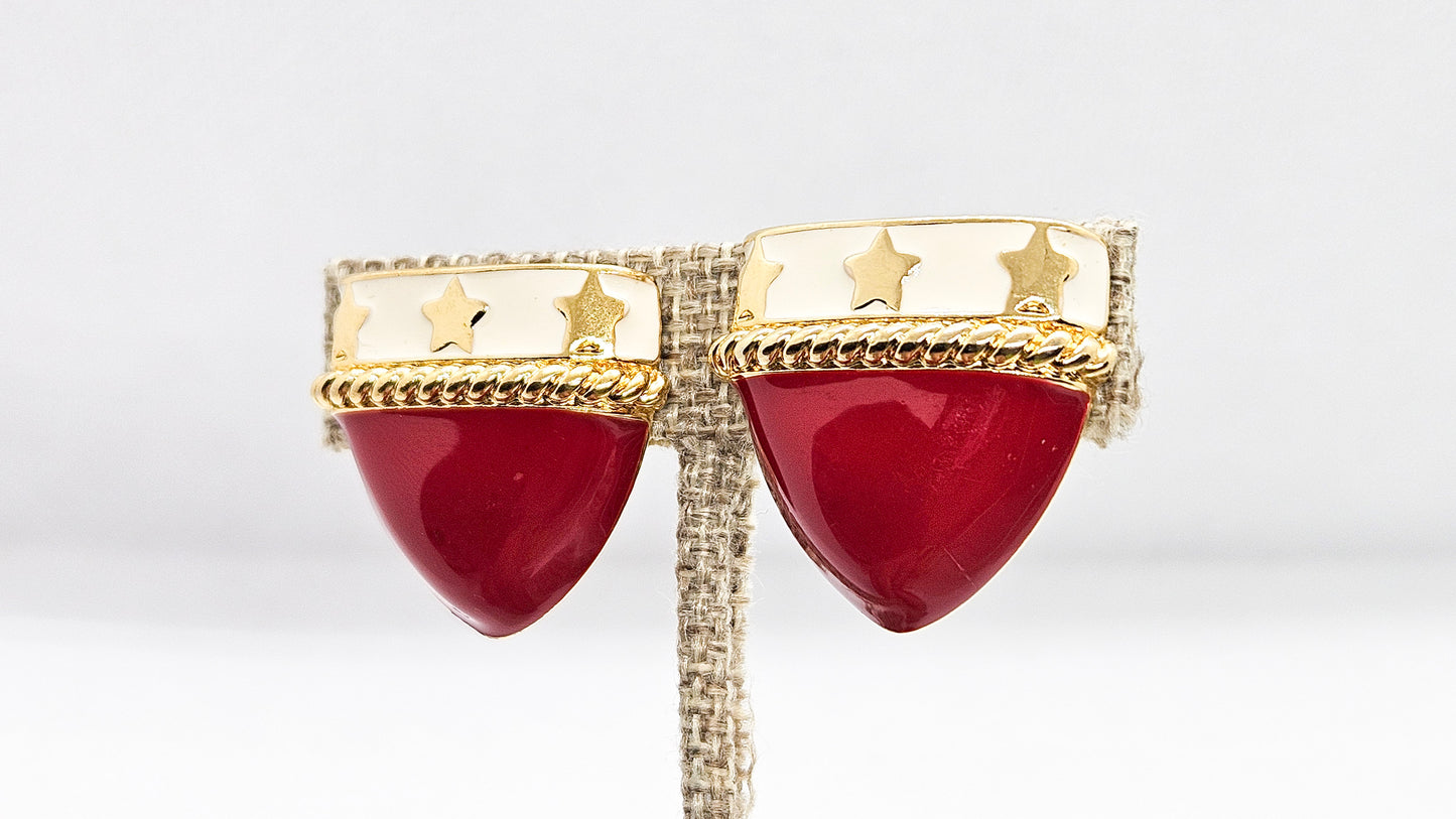 Vintage Monet Red Enamel Clip On Earrings Shield and Stars